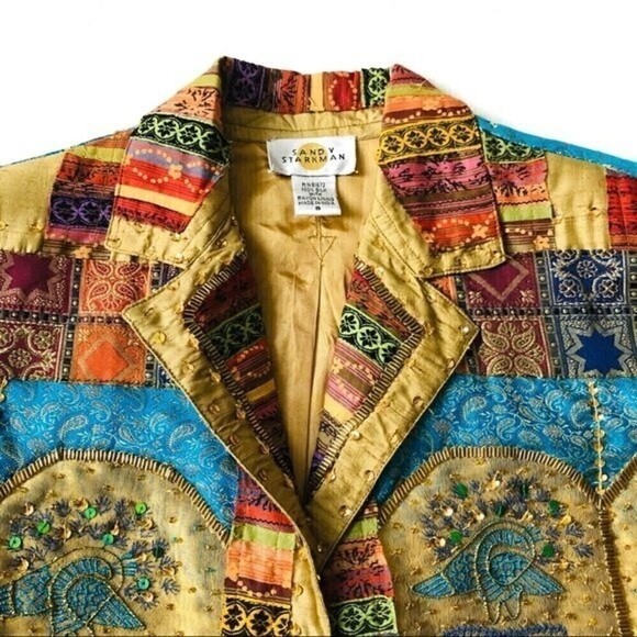 Sandy Starkman Boho Jacket Woven Silk Patchwork Embroidery Sequin Granny 90s S - Picture 12 of 16